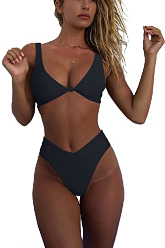 geluboao Womens Black Bikini Set High Waisted V Neck Swimsuit Sexy Kont Front Push Up Cheeky Brazilian Cut Thong Two Piece Bathing Suit M
