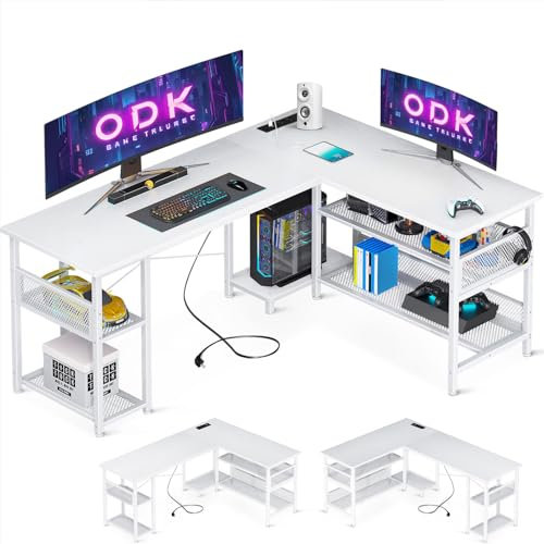 ODK Gaming Tisch, Reversibel Gaming Schreibtisch mit 2 Steckdosen und 2 USB Ladeanschluss, Eckschreibtisch für Office und Gaming, Weiß, 150×102cm