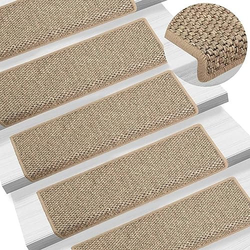 Homgoday Trappmattor självhäftande sisal-look 15 st 65 x 21 x 4 cm mörk beige, trappmatta för trästeg, stegskyddsstegmatta, lämplig för barn, äldre och husdjur, matta trapplöpare 759