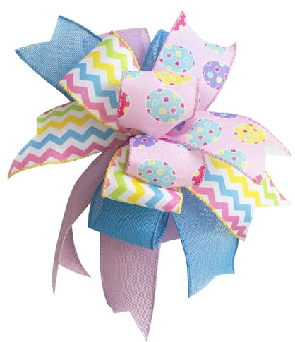 VOZLAC Easter Wreath Bows 10X12Inch, Pre-Tied Striped Easter Egg Wired Ribbon Spring Bow, Tree Topper Bow for Front Door Indoor Outdoor Spring Farmhouse Bow