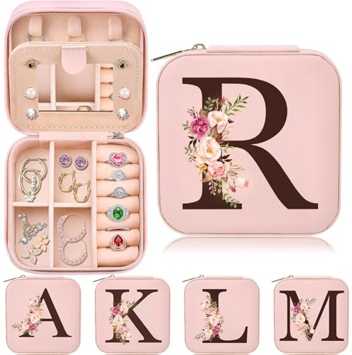 Inngeroo Small Travel Jewelry Case for Girls Women, Travel Jewelry Box Organizer Personalized Pink Gifts for Wife Mom, Gift for Friend Sister Grandma Aunt, Initial R