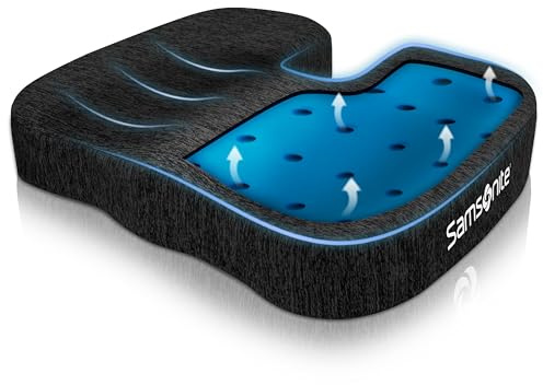 Samsonite Gel Infused Seat Cushion – Ergonomic Cushion for Office Chair, Tailbone Pressure Pad, Coccyx Support for Sciatica, Memory Foam Seat for Car, Desk, or Gaming Chair Use, Black