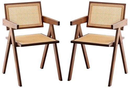 Furlide Rattan Accent Chairs, Modern Mid Century Dining Chairs Set of 2, Comfy Armchairs, Outdoor Rattan Chairs with Armrest for Bedroom Living Room Reading Room Dining Kitchen, Brown