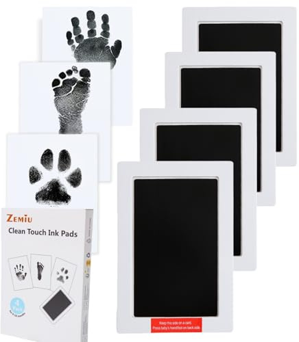 Zemiu Fotavtryck handavtryck babyset, baby avtrycksset idealisk storlek upp till baby 0–18 månader, 10 cm x 15 cm, 4 st ren touch-stämpelkuddar för nyfödda/baby shower-svart