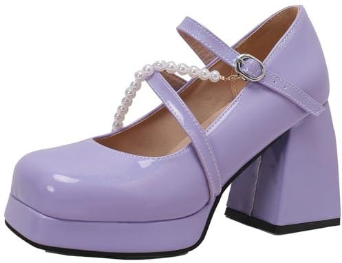 XINXINIO Mary Jane Scarpe da donna con tacco Grosso décolleté con perline, Lilla, 37 EU