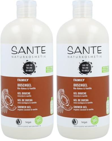 Sante Naturkosmetik - Gel Douche Coco Vanille Bio Parfum Tropical Nettoie en douceur et en profondeur Végétalien Extraits Bio 500ml (Lot de 2)