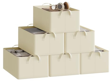 WOLTU Lot de 6 Boîtes de Rangement en Tissu, Paniers avec Poignées, Cubes Pliables et Empilables pour Armoire et Étagères, Crème, 47x28x20cm