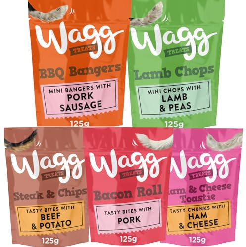 Wagg Dog Treats Variety Pack of 5 Premium All Natural Snacks for Training & Rewarding. Includes Favourites; BBQ Bangers, Ham & Cheese Toastie, Bacon Roll, Steak & Chips and Lamb Chops