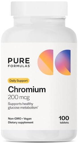 Pure Formulas Chromium 200 mcg Tablets, Glucose Metabolism Support Supplement for Daily Wellness, Non-GMO, Vegan, and Kosher, Chromium Nicotinate Glycinate for Metabolic Balance - 100 Count