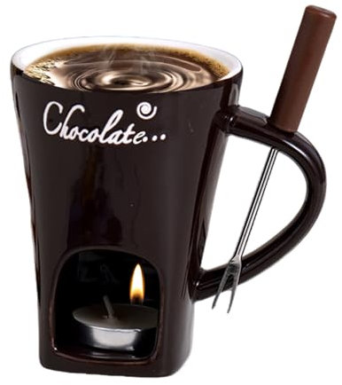 Service à Fondue au Chocolat 3 pièces – Bol en céramique avec 1 fourchettes et 1 Bougie à thé – Fondue en céramique, 200 ML, pour Fromage et, Rouge/café/Beige