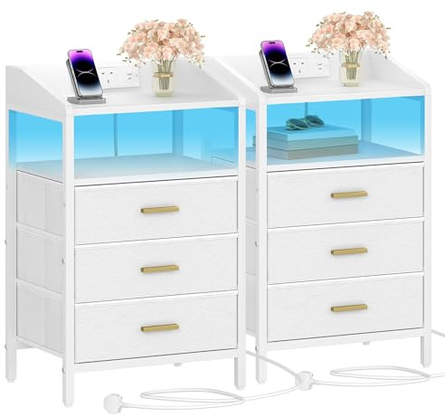 Hzuaneri Bedside Tables Set of 2 with Charging Station and LED Lights, Bedside Cabinet with 3 Fabric Storage Drawers and Shelves, Nightstand with USB Ports&TypeC for Bedroom, White NS35513W