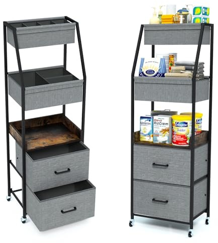 Emfogoo Carrello Portapannolini, 5 Livelli Pannolino Rotelle con 2 Cassetti e Rotelle, Carrello Organizer Multifunzione per Neonato e Cameretta (Nero)