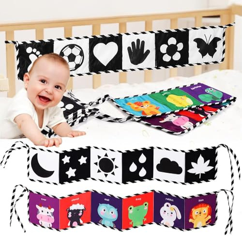 JOYVOVO 2pcs Libro di Stoffa per Neonati, Libro Sensoriale Neonati, Giocattoli Sensoriali in Bianco e Nero ad Alto Contrasto, Tummy Time Neonato, per bambino da 0-6-12 mesi Giochi