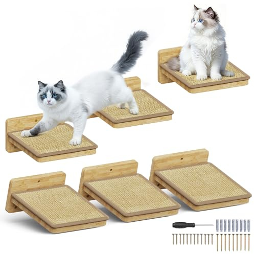SnuyGo 3Pcs 8×7 Cat Wall Steps - Cat Stairs for Wall, Ladder Natural Wood with Fixtures,Turn Around or Climbing or Playing for Kittens and Adult Cats