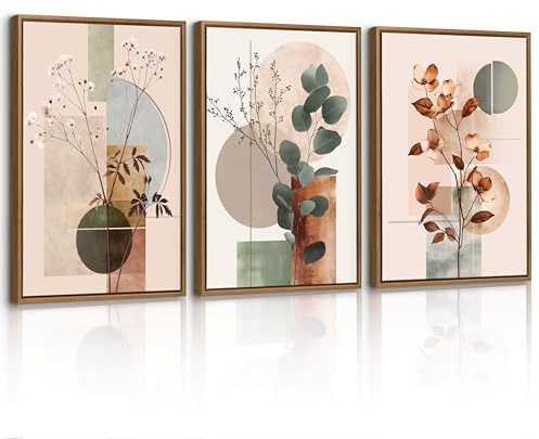 3 Pcs Quadri Moderni Rosa Geometrico Astratto Stampe da Parete Con Cornice, Quadro Botanico Foglia Eucalipto Floreale Poster Pittura Su Tela Decorazione Murale Soggiorno Camera da letto 40x60cmx3 Pcs