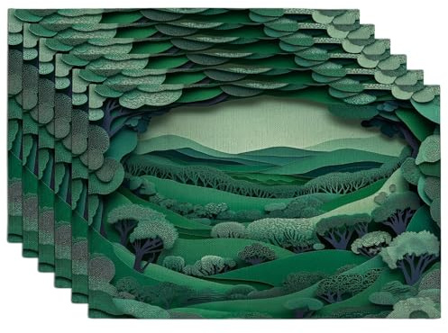 Paper Quilling Forest Tree Placemats Set of 6, 12x18 Inch, Cool Nature Scenic 6Pcs Table Mats for Dinning, Scenery Pattern Holiday Home Kitchen Decor