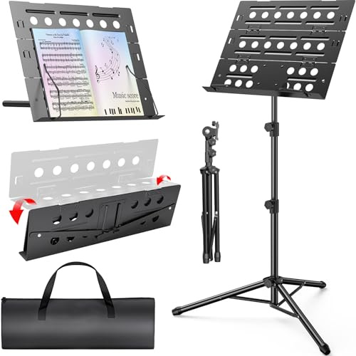 New bee Music Stand, Foldable Sheet Music Stand with Tri-fold Panel & Carrying Bag, Height Adjustable Metal Book Holder for Sitting/Standing, Professional Performance & Travel