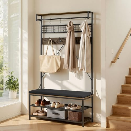 VEVOR Meuble d'Entrée 183 cm, Porte Manteaux avec Banc à Chaussures 3 Niveaux, Rangement pour Couloir Chambre Dressing Salon, Vestiaire d'Entrée Autoportant en Acier, avec Patères et Tringle