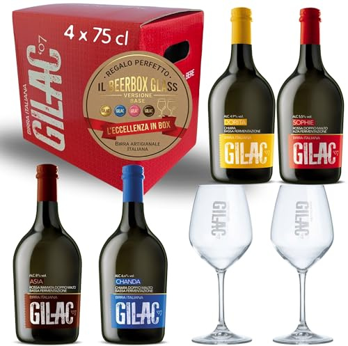 BEERBOX GLASS base - Birra artigianale 4 bottiglie da 75cl e 2 bicchieri, birre artigianali confezione regalo, Birra artigianale Italiana nonf iltrata e non pastorizzata