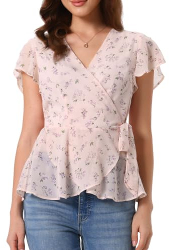 Allegra K Wrap Top for Women's Floral V Neck Ruffle Sleeve Tie Peplum Top | V Neckline, Floral Pattern, Slit Ruffled Sleeves, Wrap Tops with Front Tie Waist, Peplum Blouse, Flowy