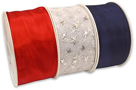 Morex Ribbon 24340P3-914 Wired Ribbon w/Stars 1.5 X 9 YD Patriotic Ribbon for Gift Wrapping, Red/White/Blue (3-Pack), 4th of July Decorations, American Flags Art Supplies Gift Ribbons for Crafts