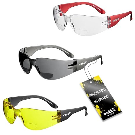 voltX 3 x GRAFTER’ Bifocal Lightweight Industrial Reading Safety Glasses, UKCA & CE EN166f Certified/Cycling Safety Glasses (1 x Clear 1 x Smoke 1 x Yellow Lens +1.0) + UV400 anti fog coated lens