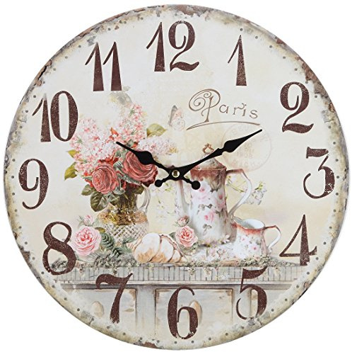 Lily's Home Vintage French Kitchen Wall Clock, Crafted with a Beautiful Distressed Design and French Tea Time Illustration (13 Inches)