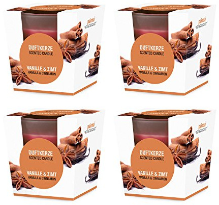 pajoma® Lot de 4 bougies parfumées à la vanille et à la cannelle - Dans un verre satiné - 4 x 120 g de cire - Durée de combustion : 25 heures - Dans un emballage cadeau élégant - Qualité supérieure