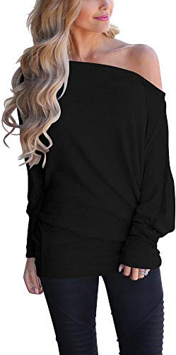 Lacozy Off The Shoulder Tops for Women Long Sleeve Casual Batwing Tunic Shirt Blouse Black L