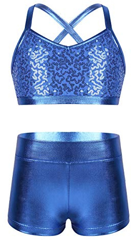ranrann Barn flicka gymnastikdräkt glänsande paljett dansset balettklädsel gym tanktopp shorts dansande yoga fitness sport shorts 5–14 år, A Blue, 7-8 �r