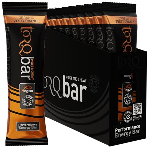 Torq Energy Bar Organic Zesty Orange - Vegan Plant Based Energy Bar for Running, Cycling, Sports, High Carb, 34g of Carbohydrates Perfect On The Go Energy - Box of 15