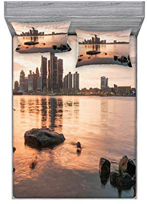 ABAKUHAUS Detroit Buntes Spannbetttuch- und Kissen-Set, Idyllische Sunset View, Dekoratives und Bedrucktes 3-teiliges Bettwäscheset, 135 cm x 190 cm, Coral Dunkelbraun