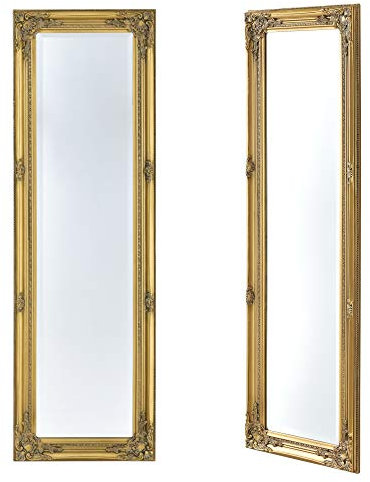 [en.casa] Wandspiegel Livorno Ganzkörperspiegel 118 x 29 cm Barockspiegel groß rechteckig Rahmen aus Eukalyptusholz Schlafzimmer Flur Goldfarben