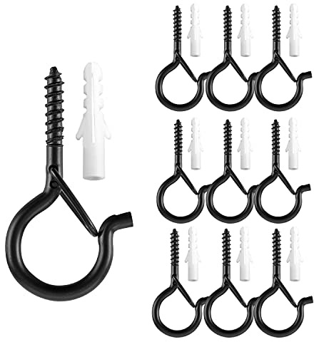TAIHUIMY Screw Hooks for Outdoor String Lights, Q-Hanger Christmas Rope Lights Clips, Wall Cabinet Ceiling Eye Hook with Safety Buckle for Wire Party Light Plants Wind Chimes(10)