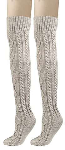 Women Over Knee Socks Cable Knit Thigh High Socks Long Boot Stocking Knee High Socks Winter Warm Leggings Socks Stretch Thermal Knee Warmer Knee Wrap Sleeves for Ladies Girls Joint Pain Relief