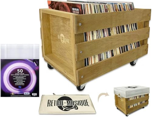 Retro musique Wooden 12” LP Vinyl Record Storage Crate on Wheels Holds up to 100 Albums (in PVC Sleeves) with Hessian Cloth Cover Includes 50 Vinyl Record Outer Sleeves (Teak Finish)