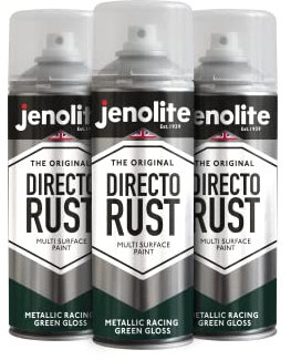 JENOLITE Directorust Metallic-Glanz-Sprühfarbe, Racing Green, 3 x 400 ml, Goldsprühfarbe für verschiedene Oberflächen, für Metall, Holz, Kunststoff, All-in-One-Primer, Grundierung und Decklack, innen