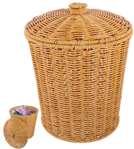 FOMIYES Gewebter Korb mit Deckel, Rattan-Mülleimer, kleiner Müllbehälter, Abfalleimer, Wäschekorb, Pflanzkorb, Recycling-Mülleimer, für Zuhause, Badezimmer, Küche, Garten