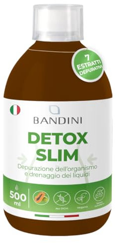 Bandini® DETOX SLIM 500ml Drenante Liquido, Digestivo, Antiossidante, Depurativo per il Fegato, Con 7 Estratti Vegetali: Tè Verde, Tarassaco, Mirtillo Nero, Pilosella, Betulla e Papaya, 100% Vegan