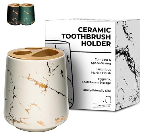 JJ PRIME - Portaspazzolini Da Bagno Ceramica | Aspetto Del Marmo Porta Spazzolini Bagno | Bicchiere Porta Spazzolino Bagno | Porta Spazzolino e Dentifricio Portaspazzolone Organizer Da Bagno (Bianco)