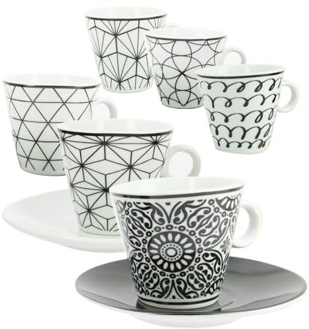 Maury's Set di 6 Tazzine - Bianco e Nero, in Porcellana, con Piattini, Design Moderno, Microonde, Lavabili in Lavastoviglie, in Scatola, Idea Regalo, Caffè - 6 x 6 cm (Bianco e Nero, Modern Style)