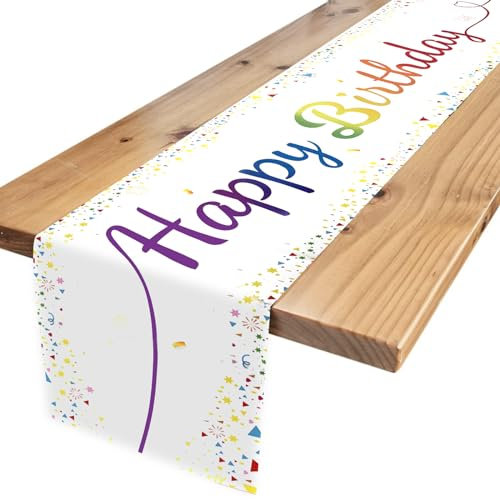 Fosdaling Tischläufer Geburtstag, Bunt Happy Birthday Tischdecke, Geeignet für die Kinder Geburtstags Party Deko von Jungen und Mädchen (Weiß)