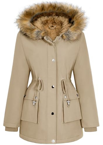 Xnova Vinterkappa för kvinnor, vattentät parkas med vindtät huva, medellång fleecefodrad jacka, varm och elegant fuskpäls, utomhusrock för höst, vinter, Khaki, L