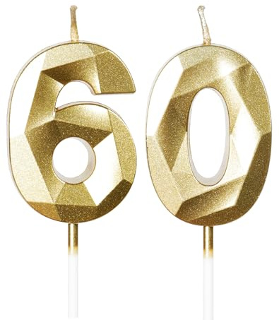 mciskin Gold 60th Birthday Candles, 3D Number 60 Candles for Cake, Women Men 60th Birthday Decorations,Pearl Gold Candle Cake Topper Decorations for Birthday Party Weddings Anniversary Supplies
