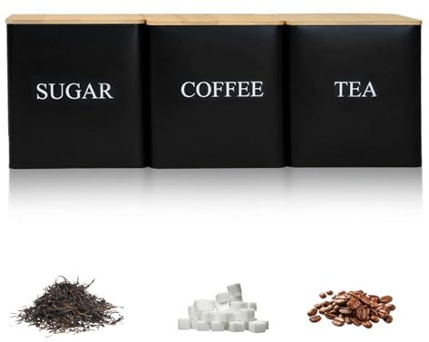 Eidoct 3 Pcs Tea Coffee Sugar Canister, 600ml Square Biscuit Tin, Air tight Jar, Metal Kitchen Tins, Biscuit Storage Box, Stackable Airtight Food Storage Cansiters, with Airtight Wood Lid (Black)