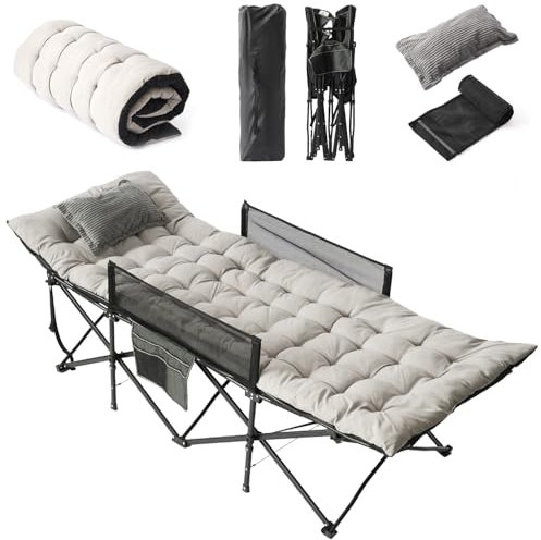 Flycoop Feldbett Klappbar mit Matratze und Kissen Campingbett Breite 71cm/81cm Klappbett Camping Bett 204 kg Reisebett Erwachsene Gästebett für Outdoor (Streifen, 200X81cm mit Leitplanke)