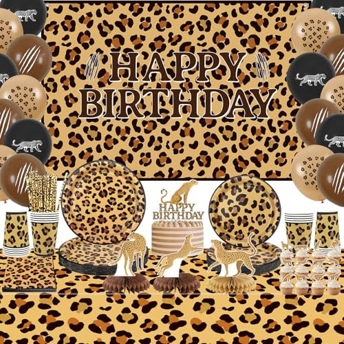 Decorazioni per feste di compleanno con ghepardo con stampa leopardata, tra cui striscione di buon compleanno, topper per torte, tovaglia, palloncini, stampa safari nella giungla, feste per baby
