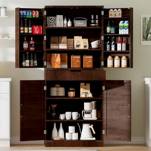 GRUSIGN 72 Kitchen Pantry Storage Cabinet with Doors and Shelves, Wood Farmhouse Pantry Storage with Barn Doors for Kitchen, Dining Room, Living Room, Dark Brown