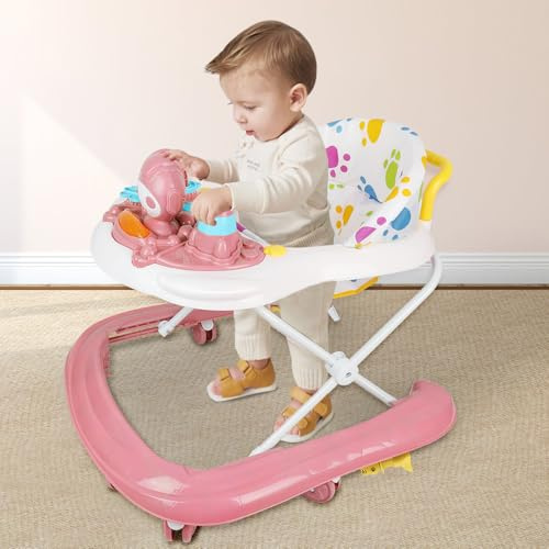 Girello Evolutivo 3 in 1 per Bambino e Bambina, Girello Pieghevole con 3 Altezze Regolabili, Sedile e Piatto Rimovibili, Per Bambini di 6+ Mesi, Portata 12KG - 62 * 68 * 36-81cm - Rosa