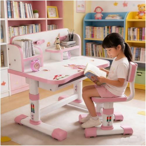 toilmua Escritorio de estudio con silla para niños de 3 a 12 años, altura ajustable, juego funcional de escritorio y silla, tablero de densidad, distancia dorada, separación científica, mesas de